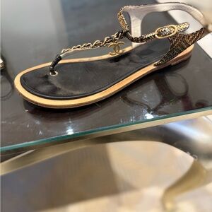 CHANEL Black and Gold Chain Sandals